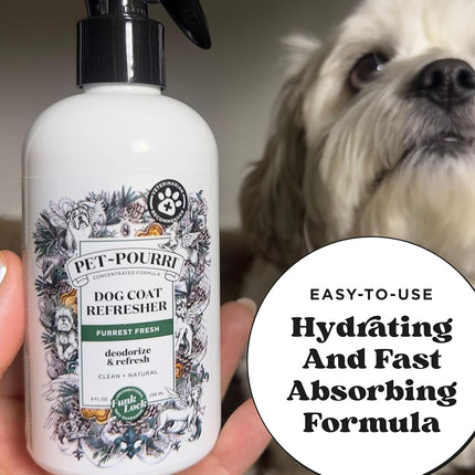 Poo-Pourri Furrest Fresh 8oz Dog Coat Deodorizing Spray – Plant Derived Ingredients – Vet Recommended – Paraben & Sulfate-Free - Grooming perfume Spray for Dog Odor – Fir, Amber, & Cedarwood Scent