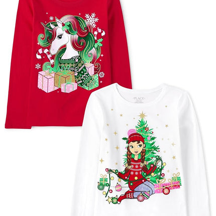 The Children's Place T-shirts graphiques à manches longues pour filles, toutes fêtes, lots multiples, licorne de Noël/arbre pour fille, lot de 2, petite taille