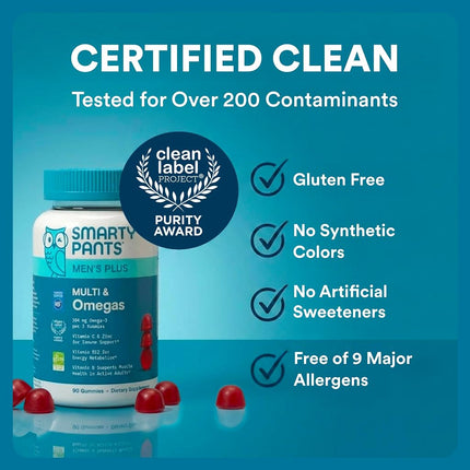 SmartyPants Mens Multivitamin Gummies with Omega 3 DHA/EPA, Methylfolate, Vitamin D3, C, B12, B6, A, K, Zinc, Raspberry Lemonade Flavor, 90 Count (30 Day Supply)