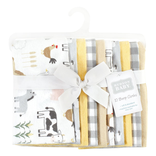 Hudson Baby Unisex Baby Cotton Flannel Burp Cloths, Cute Farm 10-Pack, One Size
