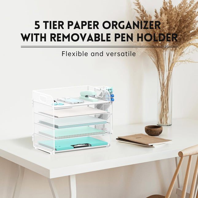 SUPEASY Organizador de escritorio de 5 niveles con asa y portalápices extraíbles, organizador de papel/archivos de malla para escritorio, organizador de bandeja de cartas de papel para material de oficina (blanco)