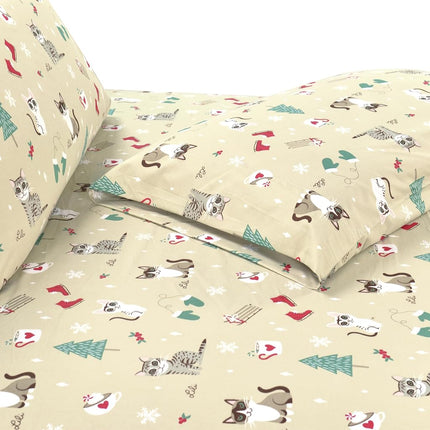 Elegant Comfort Luxury Soft Bed Sheets Holiday Pattern 1500 Premium Hotel Quality Microfiber - Softness Wrinkle and Fade Resistant (4-Piece) Bedding Set, Twin, Cream Cats
