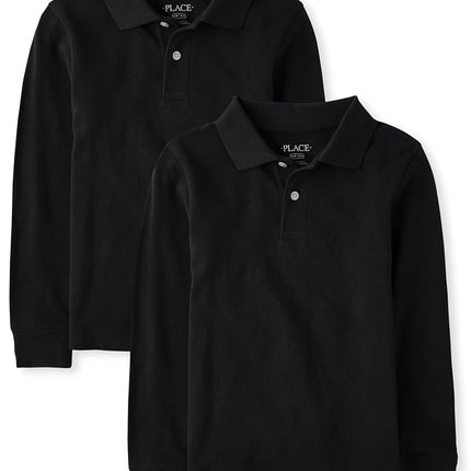 The Children's Place Boys' Multipack Long Sleeve Pique Polos, Black 2-Pack, Medium
