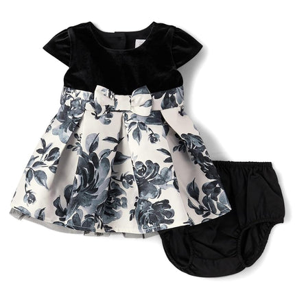 The Children's Place Robes habillées à manches courtes pour bébés filles et nouveau-nés, motif floral noir et blanc, 0-3 mois