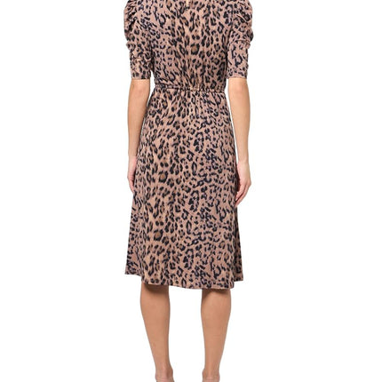 Adrianna Papell Women's Ruffle Neck Short Sleeve Dress Casual, Realistic Cheetah, L