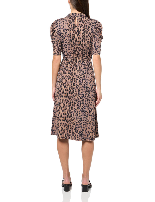 Adrianna Papell Women's Ruffle Neck Short Sleeve Dress Casual, Realistic Cheetah, L