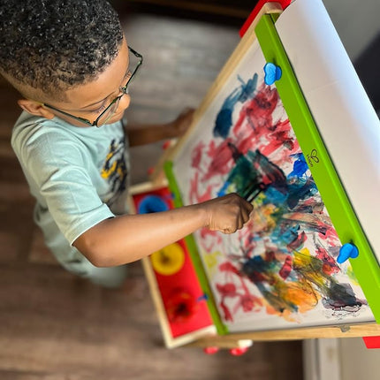 Hape All-in-1 Easel | Award-Winning Double-Sided Kids Standing Easel Adjustable Height Stand with Paper Roll, Chalkboard, Whiteboard, Magnets and 3 Paint Pots