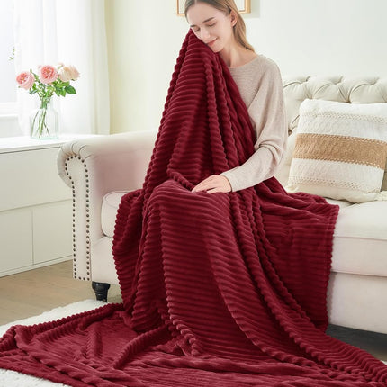 BEDELITE Ribbed Jacquard Burgundy Fleece Twin Blanket for Couch, 60x80 Inch