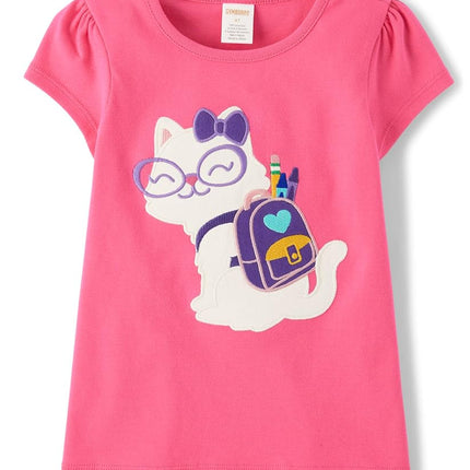 Gymboree Girls' and Toddler Embroidered Graphic Short Sleeve T-Shirts, Pink School Cat, 6