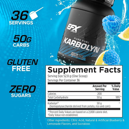 EFX Sports Karbolyn Fuel Complex Carbohydrate Post Workout & Pre Workout Powder Clinically Tested Intense Energy Supplement Shake,Blueberry Lemonade, (4 LB 4.8 OZ)