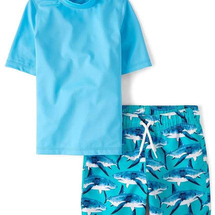 The Children's Place Boys' Short Sleeve Rashguard and Swim Trunk 2-Piece Set, Sea Sharks, X-Small