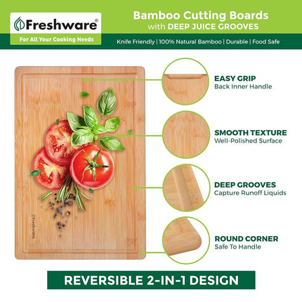 Tablas de cortar de madera Freshware para cocina - Juego de 3 tablas de cortar de bambú, tablas de cortar con ranuras para jugos, juego de tablas de servir, tablas de picar para carne, verduras, mango de fácil agarre (9x6, 12x8, 15x10)