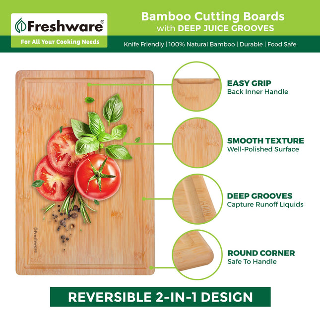 Tablas de cortar de madera Freshware para cocina - Juego de 3 tablas de cortar de bambú, tablas de cortar con ranuras para jugos, juego de tablas de servir, tablas de picar para carne, verduras, mango de fácil agarre (9x6, 12x8, 15x10)