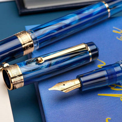 Asvine P20 Piston Fountain Pen, Stub Nib 1.1mm Calligraphy Art Drawing Galaxy Blue Acrylic with Case Set