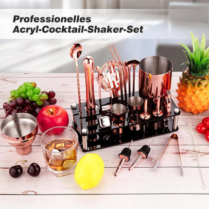 23 Piece Cocktail Shaker Set Bartender Kit with Acrylic Stand & Cocktail Recipes Booklet, Professional Bar Tools for Drink Mixing, Home, Bar, Party (Include 4 Whiskey Stones) - Gold Rose
