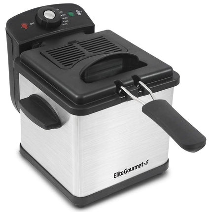 Freidora eléctrica de inmersión Elite Gourmet EDF1607# de 800 vatios con cesta de malla, capacidad de aceite de 1,6 cuartos / 6,5 tazas, perilla de temperatura y tapa con ventana, acero inoxidable