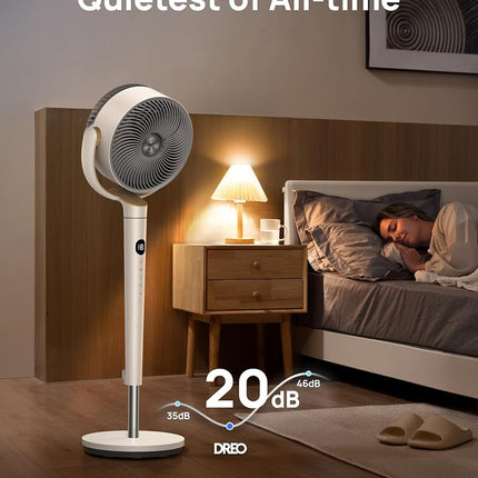 DREO Fan for Bedroom, 120° Oscillating Standing Fan, Quiet Floor Fan with DC Motor, 80ft Pedestal Fan for Room, 8 Speeds, 3 modes, 23dB, 120° Manual Vertical, 35-40" Adjustable Height, 8H Timer, White