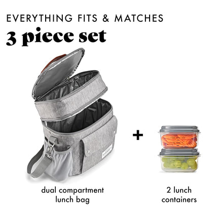 Fit & Fresh Foundry Westminster Dual-Compartment Insulated Lunch Bag for Men, Complete Lunch Set with 2 Containers, Double Deck Insulated Cooler Bag with Adjustable Strap, Steel