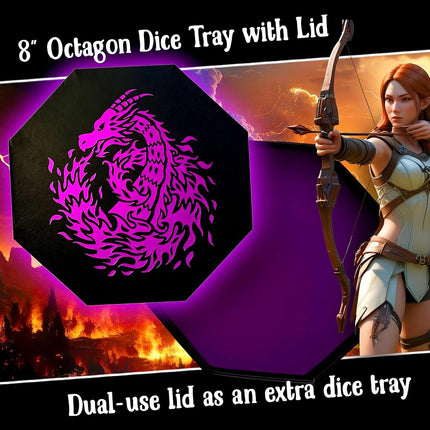 Fantasydice- purple -Fire Dragon-Dice Tray - 8" Octagon with Lid and Dice Staging Area - for Dice, Board Games, Tabletop RPGs Like D&D (DND) 3.5 and 5e, Call of Cthulhu, Pathfinder, Shadowrun and more