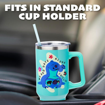 Silver Buffalo Disney Lilo et Stitch Aloha No Bad Days Gobelet en acier inoxydable Chillin' avec poignée et paille, compatible avec les porte-gobelets standard, 1,2 litre