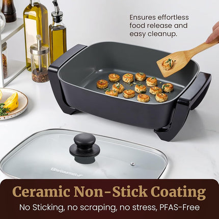 Elite Gourmet EG2615 15" x 12" x 4� Electric Skillet, Durable Xtra Deep Dish, PFAS Free Ceralast� Ceramic Non-stick, 1500W Rapid Heat, Tempered Glass Vented Lid, Dishwasher Safe, 12.5 Qt., Black/Gray
