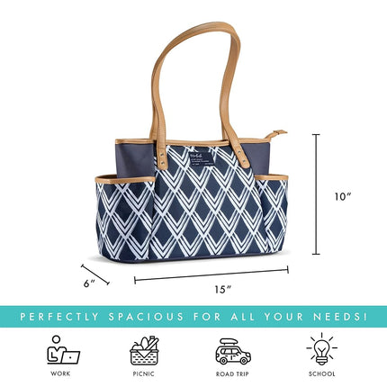 Bolsa de almuerzo aislada Navarto de Fit & Fresh para adultos con bolsillos laterales y asas de transporte, kit completo de almuerzo que incluye vaso a juego y recipiente de comida reutilizable, azul marino