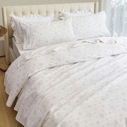 Elegant Comfort Ultra Soft 4-Piece 100% Turkish Cotton Flannel Sheet Set - Holiday Christmas Flannel Sheets, Warm and Cozy Premium Quality, Deep Pocket Fitted Sheet- Queen, Snowflake Ivory