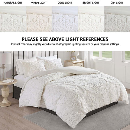 Madison Park Tufted Chenille 100% Cotton Duvet- Modern Luxe All Season Comforter Cover Bed Set with Matching Shams, King/Cal King(104"x92"), Damask Off White 3 Piece