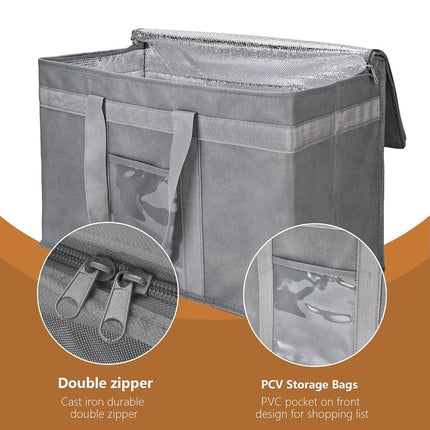 Yalin XXL Large Insulated Cooler Bag, Styrofoam Cooler of Keep Food Hot or Cold, Reusable Double Zipper Food Delivery Bag for Grocery Shopping, 20" W x 13" H x 10" D (Grey, XXL)