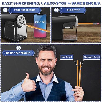 AFMAT Heavy Duty Electric Pencil Sharpener for Classroom, 6 Holes, Electric Pencil Sharpeners for Home, Pencil Sharpener Plug in for 6-11mm Pencils, Auto Stop, Super Fast, Save Pencils, Black