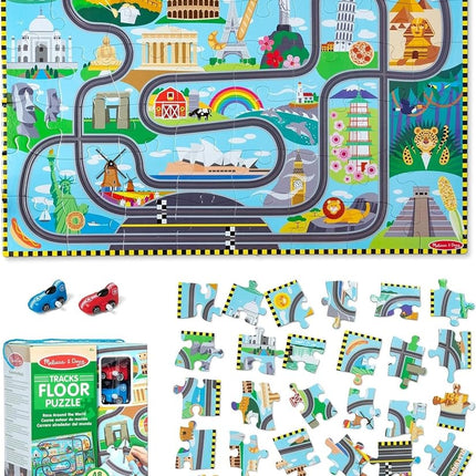 Melissa & Doug Race Around the World Tracks Cardboard Jigsaw Floor Puzzle and Wind-Up Vehicles | Educational Toys for Kids | Age 3+ - FSC Certified