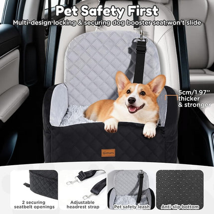 Gimars Reversible Dog Car Seat with Long & Short Plush Seat Cushion for Small/Medium Dogs Up to 18kg, Detachable Washable Anti-Slip Dog Booster Seat with15cm 28D Egg-Crate Foam, Safety Belt, S