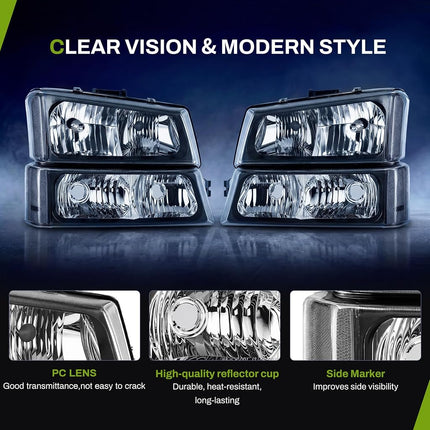 AUTOSAVER88 Headlight Assembly kit Compatible with 2003-2006 Chevy Avalanche / 2003-2007 Chevrolet Silverado 1500 2500 3500 1500HD 2500HD Pickup Headlamp Replacement Black Housing with Bumper Lamp