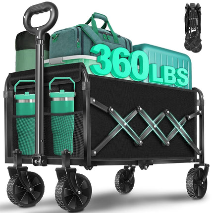 Collapsible Wagon Cart with Wheels Foldable: 360LBS Heavy Duty Folding Utility Wagon - Portable All Terrain Grocery Wagon Cart for Groceries Shopping Outdoor Camping Fishing Sports