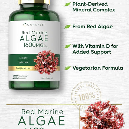 Red Marine Algae 1600mg | 200 Capsules | Vegetarian Supplement | Non-GMO, Gluten Free | by Carlyle