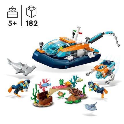 LEGO City Explorer Diving Boat Toy with Mini-Submarine, Shark, Crab, Turtle Manta Ray and Sea Animal Figures, Underwater Ocean Diving Set, for Kids Aged 5+ 60377