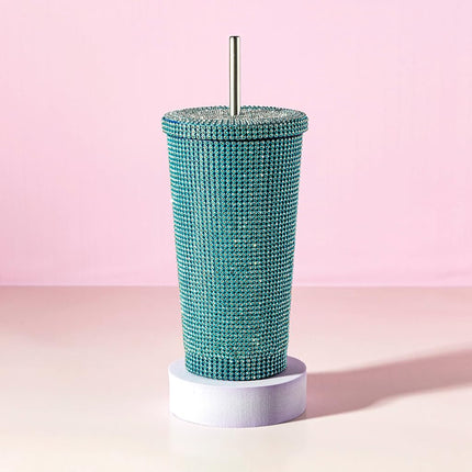 Paris Hilton Diamond Bling Water Tumbler with Lid and Straw, Vacuum Insulated Stainless Steel, Bedazzled with Over 3700 Rhinestones, 16.9-Ounce, Blue