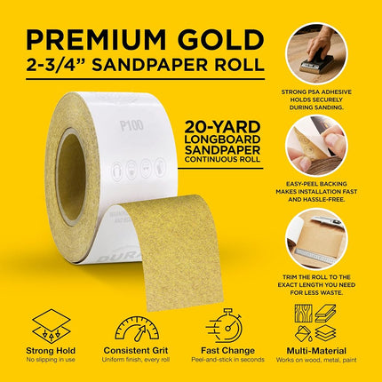 Dura-Gold - Premium - 100 Grit Gold - Longboard Continuous Roll 20 Yards Long by 2-3/4" Wide PSA Self Adhesive Stickyback Longboard Sandpaper for Automotive and Woodworking