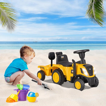 Licensed Caterpillar Ride on Tractor by OLAKIDS, 2 in 1 Ride on Push Car with Detachable Trailer, Headlight, Horn, Rake, Shovel, Foot to Floor Walker Toy Sliding Truck for Kids Toddler