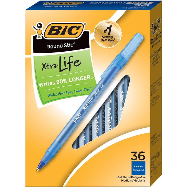 BIC Round Stic Xtra Life Blue Ballpoint Pens, Medi