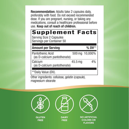 Nature's Way Pantothenic Acid (Vitamin B5) Capsules, 250 mg, 100-Count