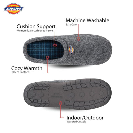 Chaussons en mousse à mémoire de forme Dickies pour hommes, ouverts et fermés à l'arrière, avec semelle intérieure/extérieure, feutre gris, XX-Large