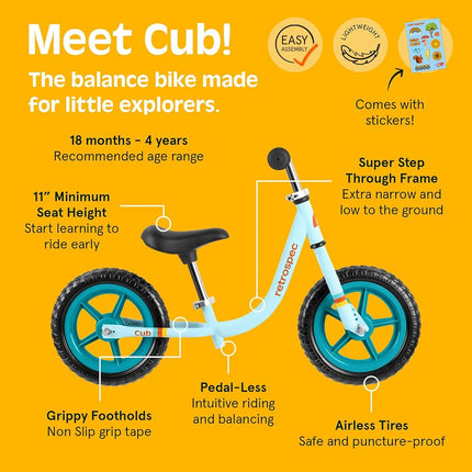 Retrospec Cub 2 Toddler 12" Balance Bike, 18 Months - 3 Years Old, No Pedal Beginner Kids Bicycle for Girls & Boys, Flat-Free Tires, Adjustable Seat, & Durable Frame