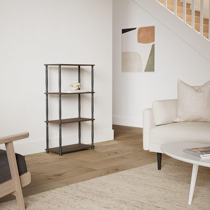 Furinno TURN-N-TUBE Storage Shelves, 4-Tier Book Shelf, Corner Shelf, Toolless Open Shelves, Classic Tubes, for Organization and Storage, Living Room, Home Office, Columbia Walnut