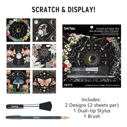 Brea Reese: Scratch Art Paper Pad - Whimsical Celestial - 12 Designs, 8x8 Pages, Metallic Guided Art Kit, Adult Craft Activity, Mindful Relaxation