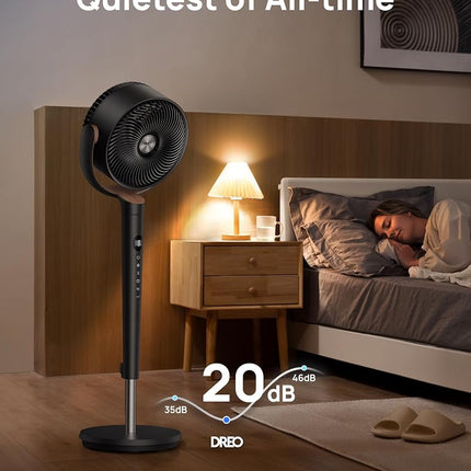 DREO Fan for Bedroom, 120� Oscillating Standing Fan, Quiet Floor Fan with DC Motor, 80ft Pedestal Fan for Room, 8 Speeds, 3 modes, 23dB, 120� Manual Vertical, 35-40" Adjustable Height, 8H Timer, Black