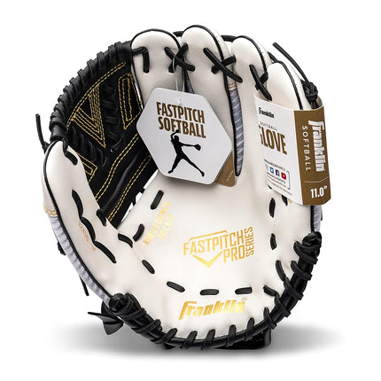 Guante de sóftbol Franklin Sports Fastpitch - Fastpitch Pro - Guante de sóftbol para adultos y jóvenes - Para cuadro interior y exterior - Guante para mano derecha - Blanco/Dorado - 13" para diestros