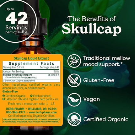 Herb Pharm Certified Organic Skullcap Liquid Extract for Nervous System Support - 1 Ounce