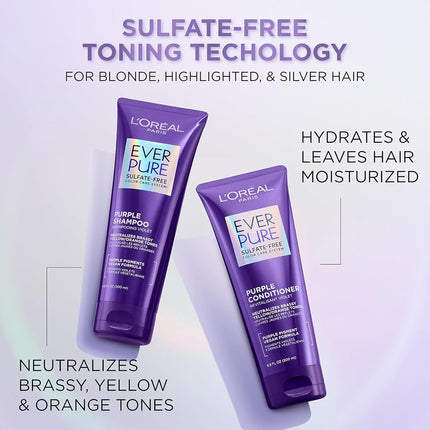 L'Oreal Paris EverPure Sulfate Free Brass Toning Purple Shampoo for Blonde, Bleached, Silver, or Brown Highlighted Hair, 6.8 Fl; Oz (Packaging May Vary)