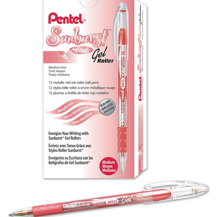 Pentel Sunburst Metallic Gel Pen, 0.8mm Tip Writes 0.4mm Line, Red/Transparent Barrel Red Ink, Box of 12 (K908-MB) by Pentel
